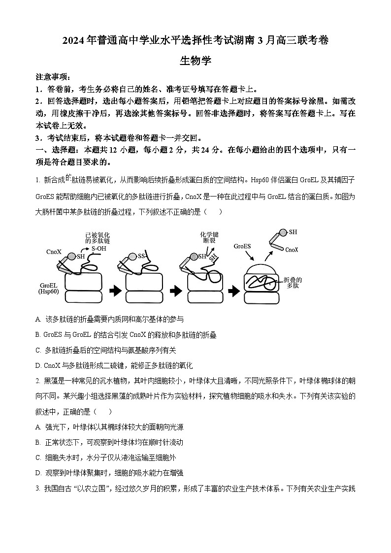 2024届湖南省张家界市2024年高三二模生物试题  Word版无答案第1页