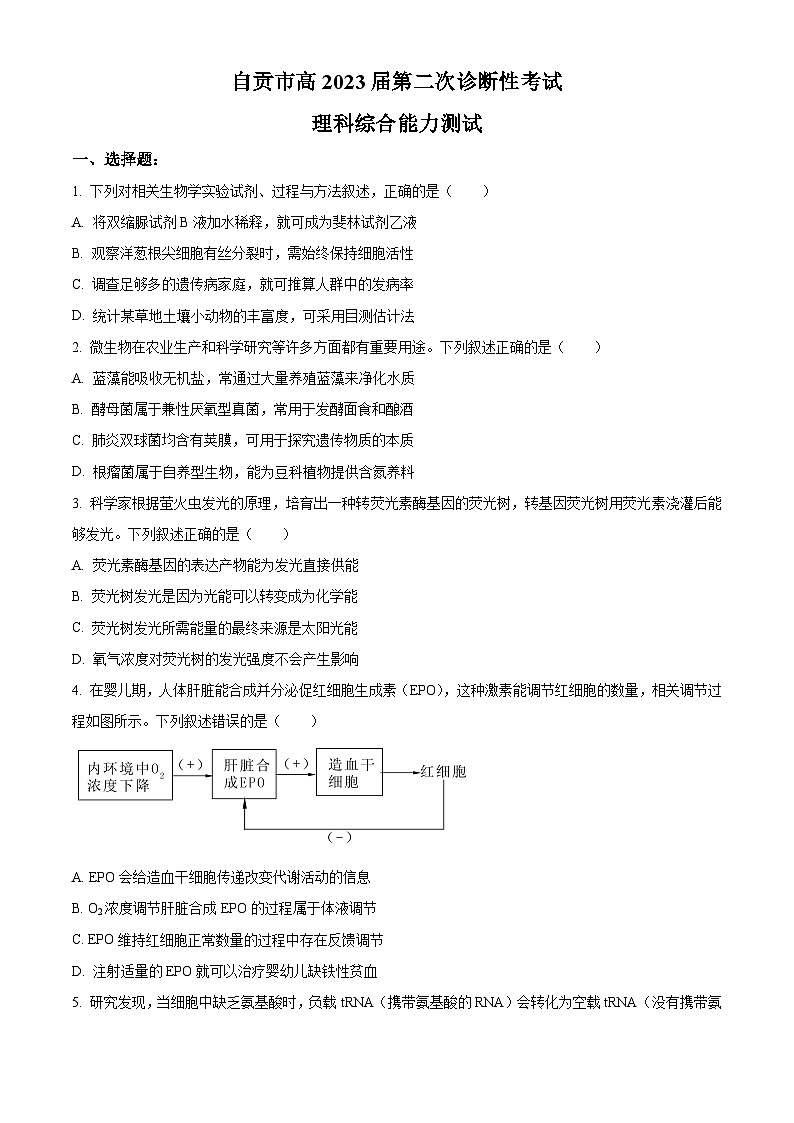 四川省自贡市2023届高三下学期第二次诊断性考试理综生物试卷（Word版附解析）01