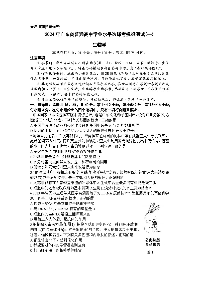 广东省普通高中2024届高三下学期一模考试生物试题第1页