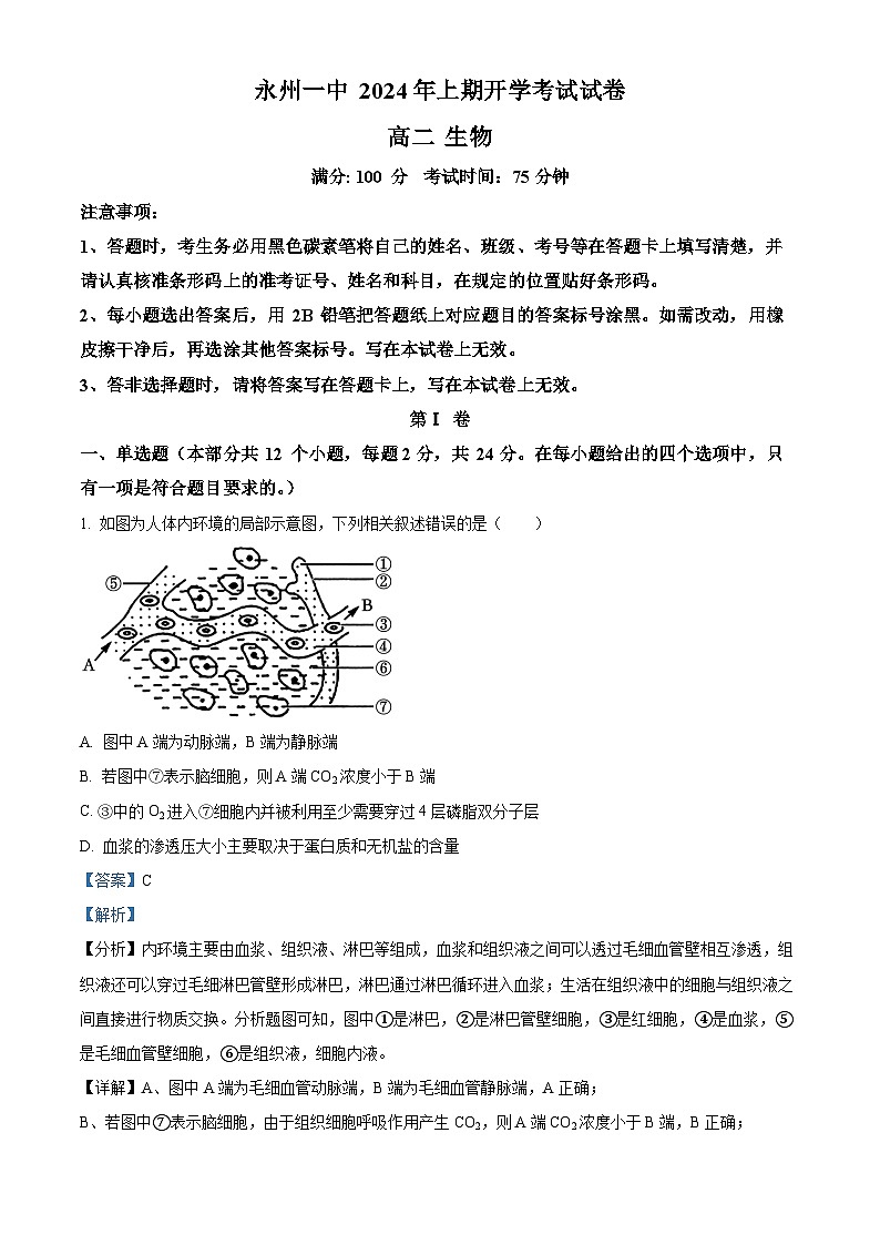 湖南省永州市第一中学2023-2024学年高二下学期开学考试生物试题含解析第1页