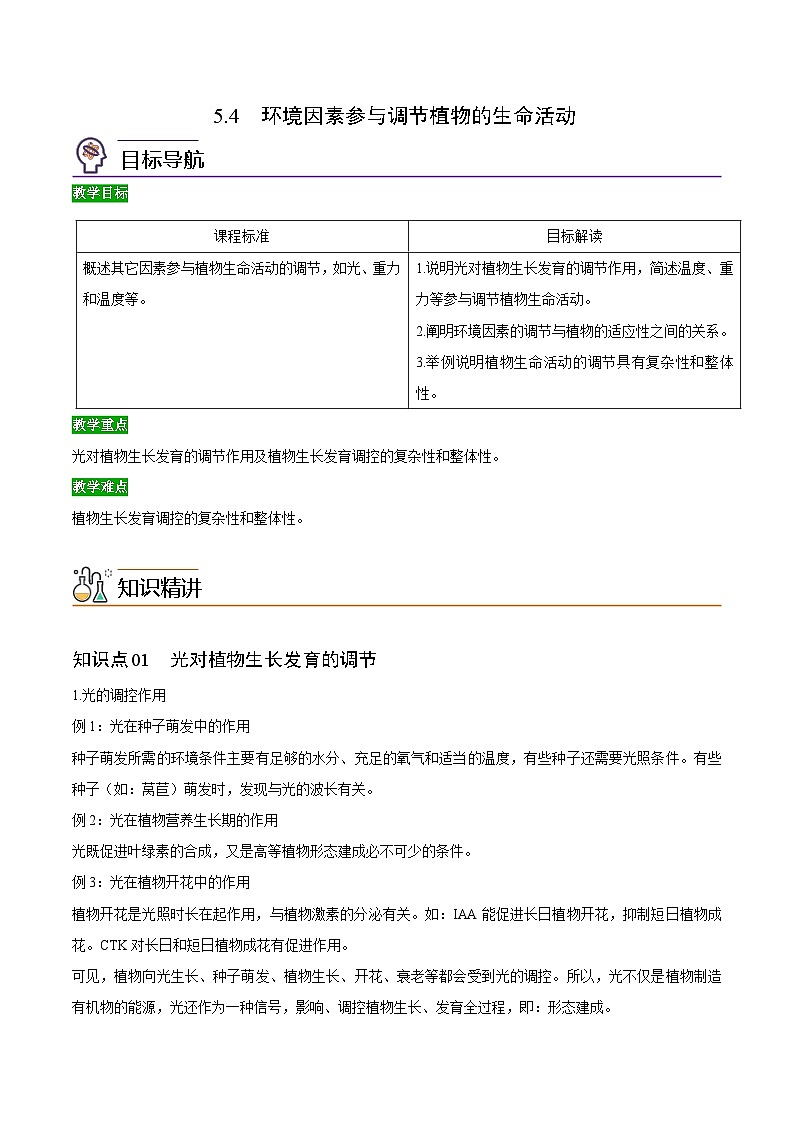 5.4 环境因素参与调节植物的生命活动-高二生物同步精品讲义（人教版选择性必修1）01