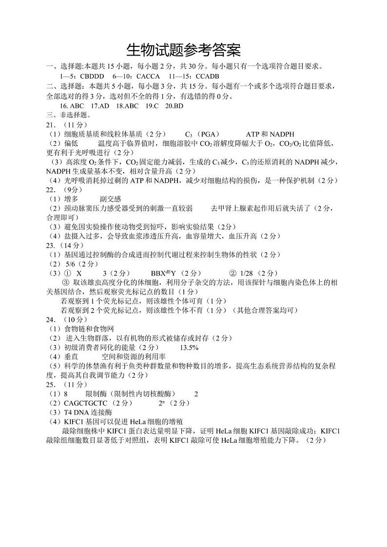 2024届山东省青岛市高三一模生物试题01