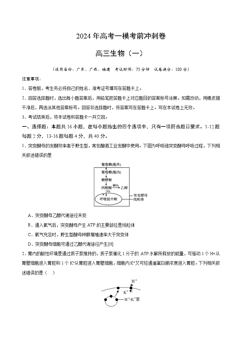 考前冲刺卷（广东、广西、福建适用）生物（原卷版）第1页