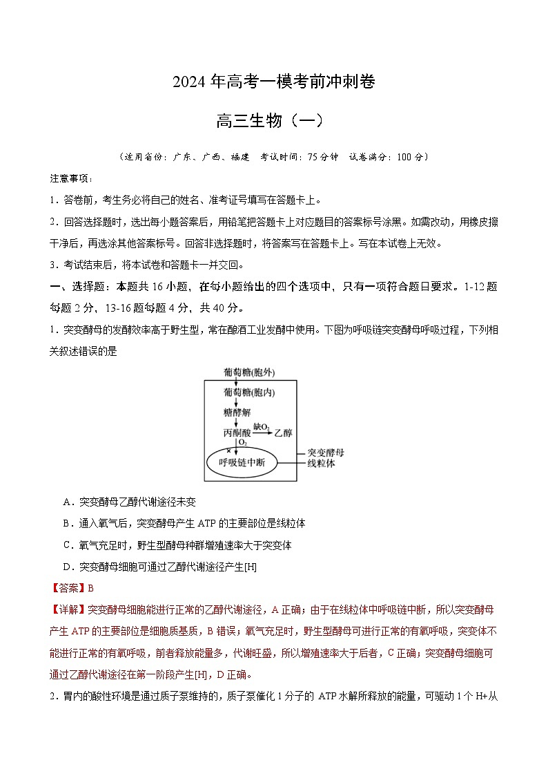 考前冲刺卷（广东、广西、福建适用）生物（解析版）第1页