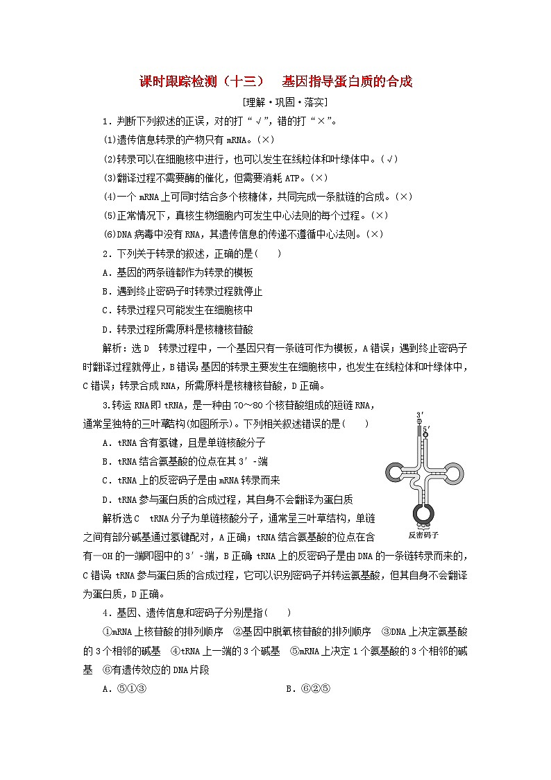 2024春新教材高中生物课时跟踪检测十三基因指导蛋白质的合成（人教版必修2）01