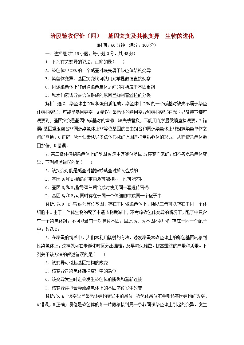 2024春新教材高中生物阶段验收评价四基因突变及其他变异生物的进化试卷（人教版必修2）01
