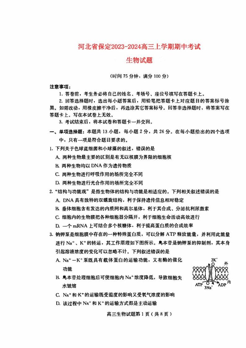 河北省保定2023_2024高三生物上学期期中考试试题pdf01