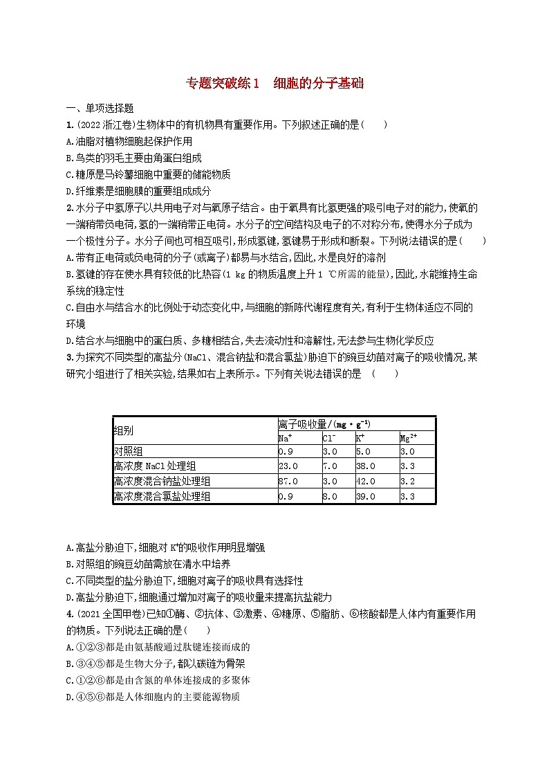2024届新高考生物二轮总复习专题突破练1细胞的分子基础（附解析）第1页