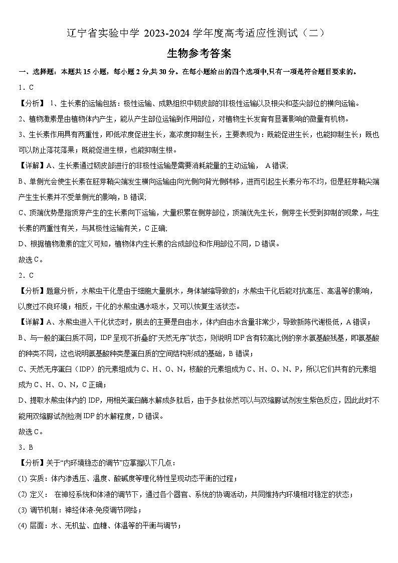 辽宁省实验中学2023-2024学年度高考适应性测试（二）生物参考答案第1页