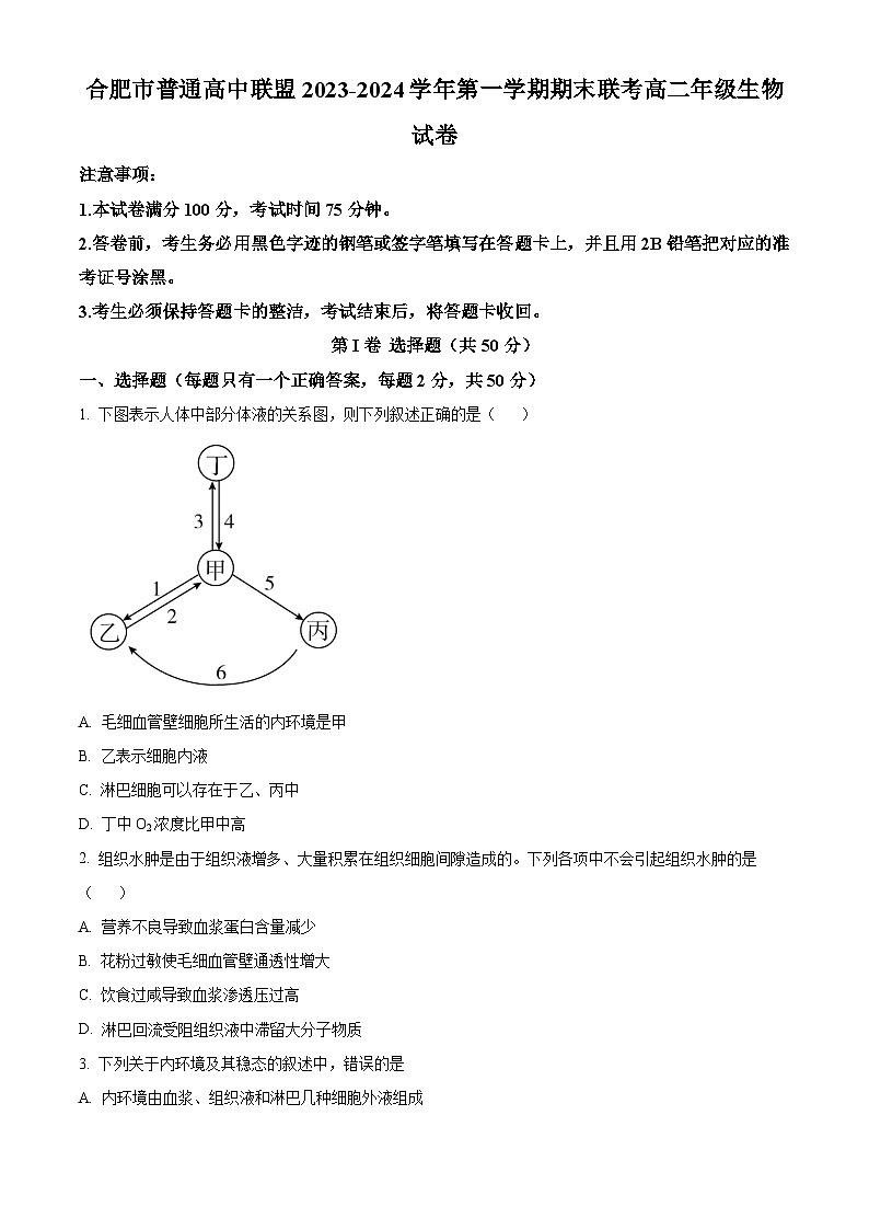 安徽省合肥市六校联盟2023-2024学年高二上学期1月期末考试生物试卷（Word版附解析）01