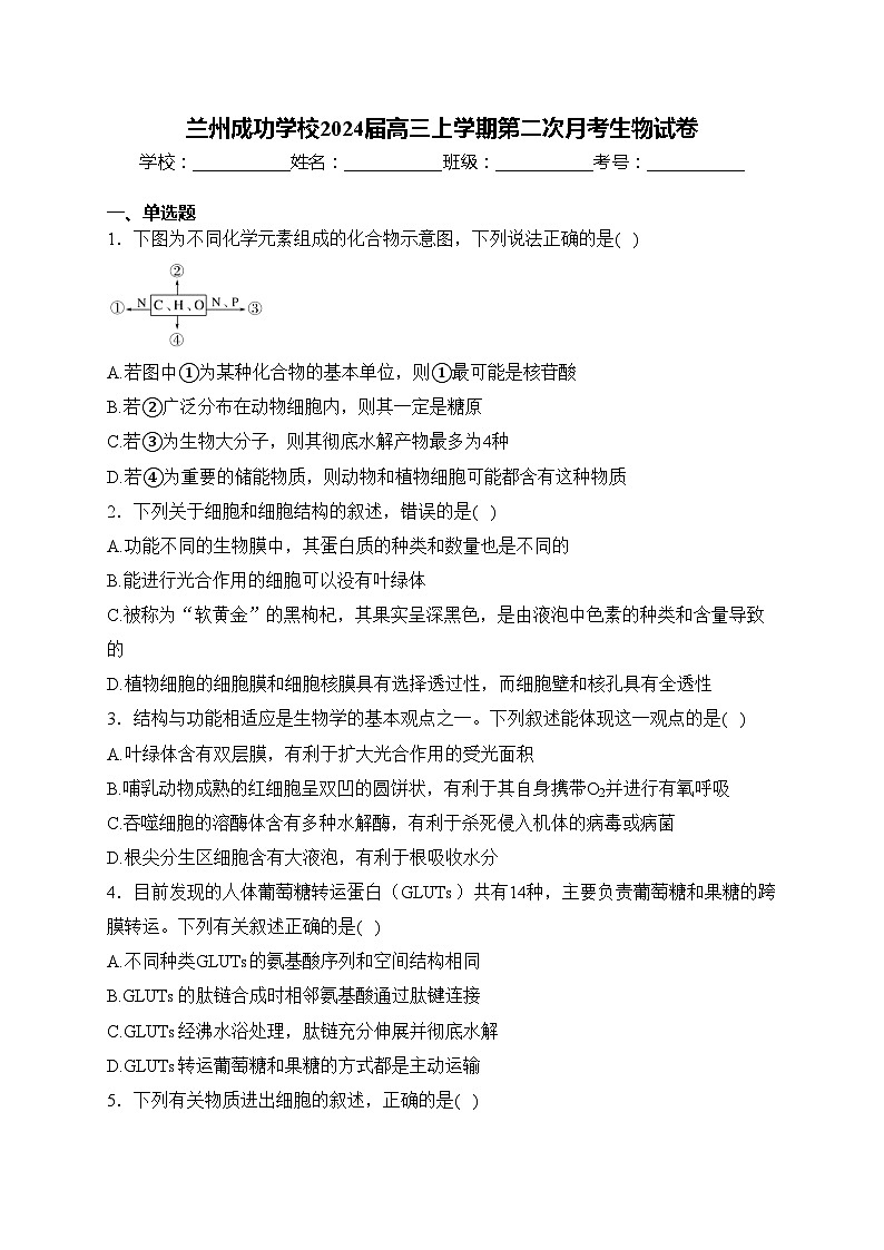 兰州成功学校2024届高三上学期第二次月考生物试卷(含答案)01