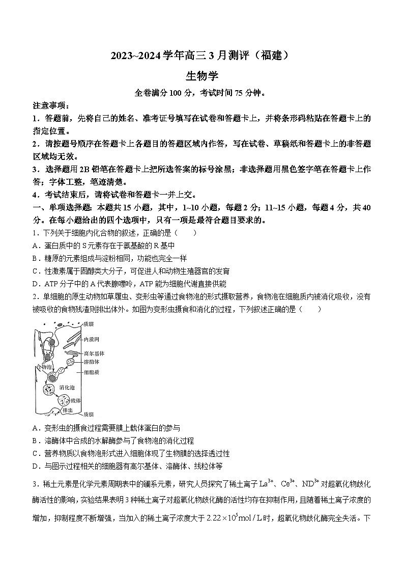 福建省泉州，福州部分学校2024届高三年下学期3月联考生物试题01