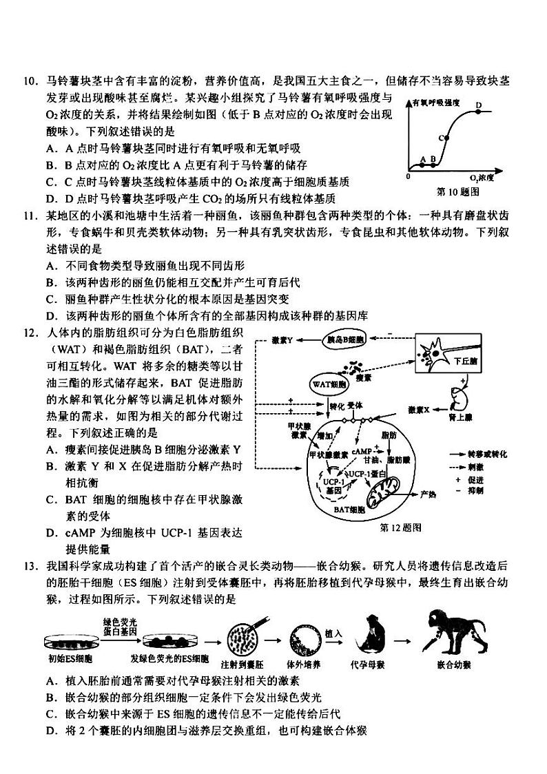 2024届浙江省宁波市十校高三下学期3月联考（二模）生物试题第3页
