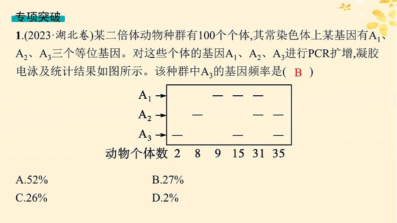 备战2025届新高考生物一轮总复习第7单元生物的变异和进化专题精研课10基因频率与基因型频率的计算课件第5页