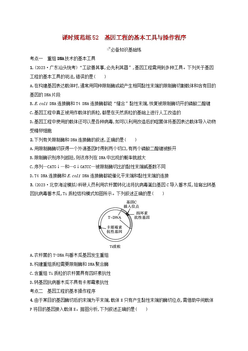 备战2025届新高考生物一轮总复习第10单元生物技术与工程课时规范练52基因工程的基本工具与操作程序（附解析）01