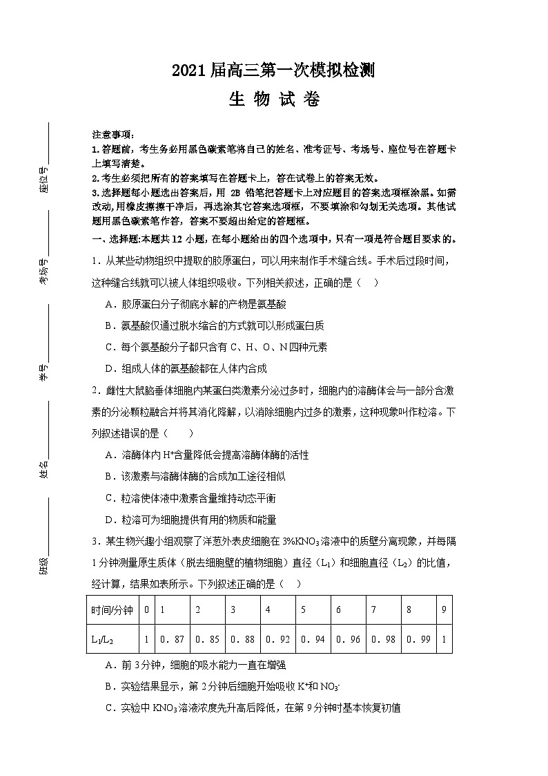 湖南省株洲市一中2021届第一次模拟检测高考生物学科试题01