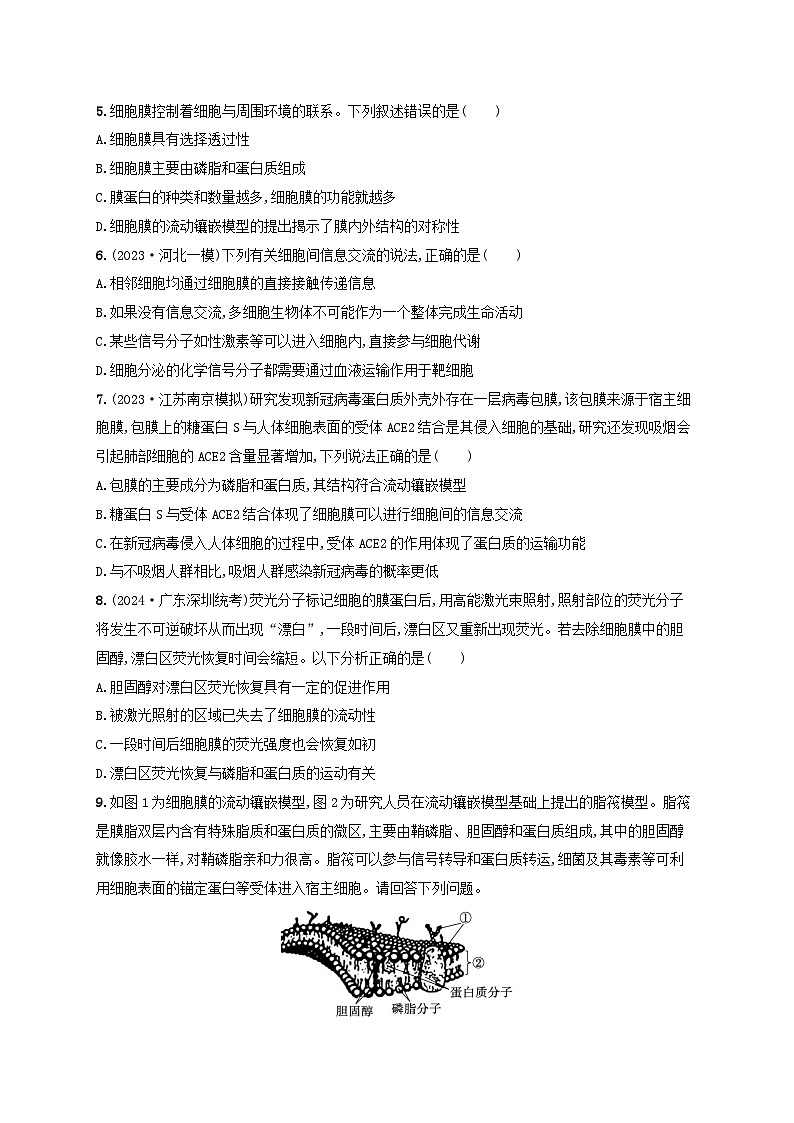 备战2025届高考生物一轮总复习第2单元细胞的基本结构及物质运输课时规范练5细胞膜02