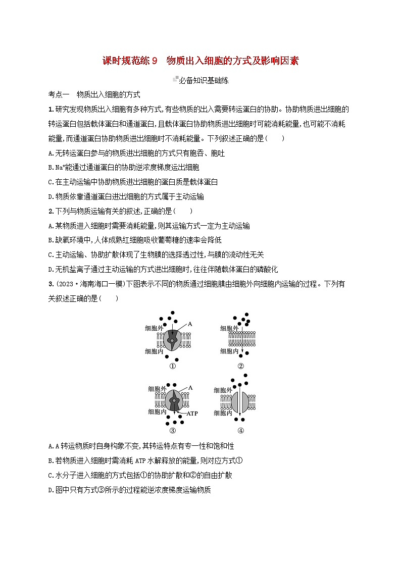 备战2025届高考生物一轮总复习第2单元细胞的基本结构及物质运输课时规范练9物质出入细胞的方式及影响因素01