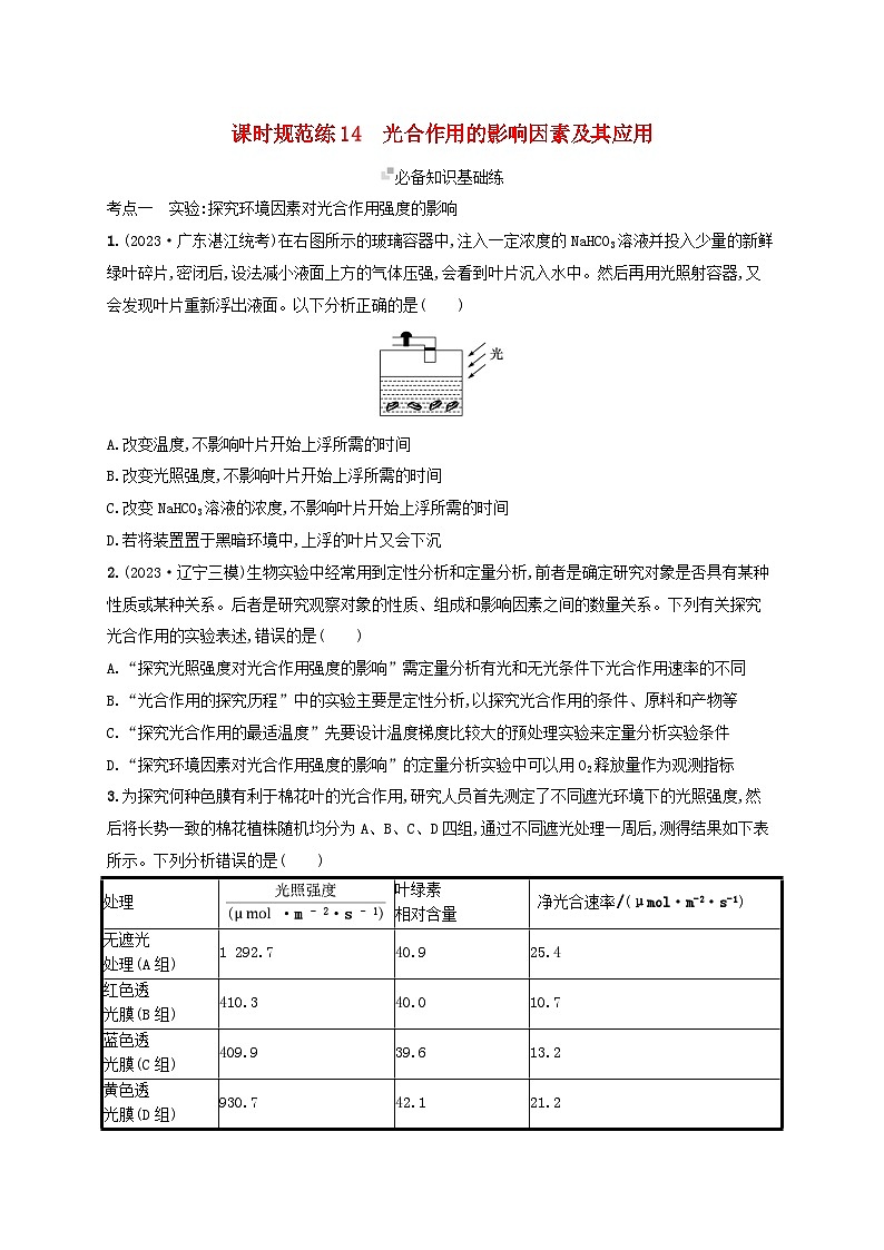 备战2025届高考生物一轮总复习第3单元细胞的代谢课时规范练14光合作用的影响因素及其应用01
