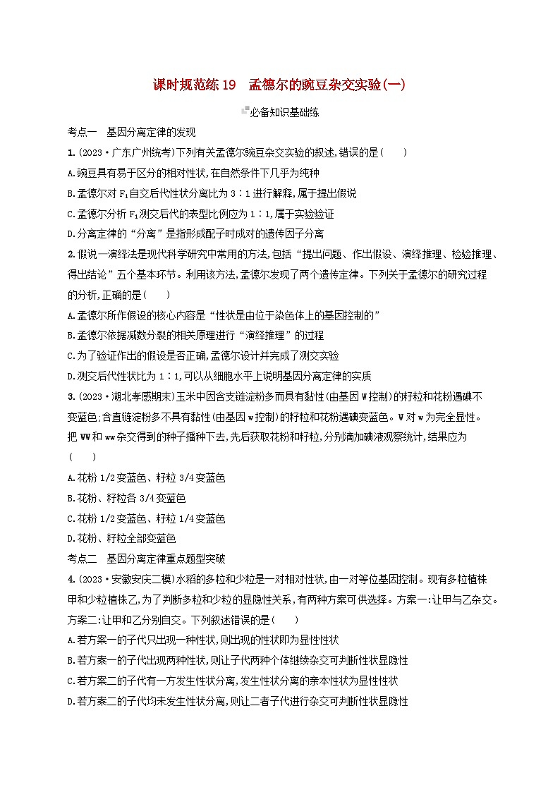 备战2025届高考生物一轮总复习第5单元孟德尔遗传定律与伴性遗传课时规范练19孟德尔的豌豆杂交实验一第1页