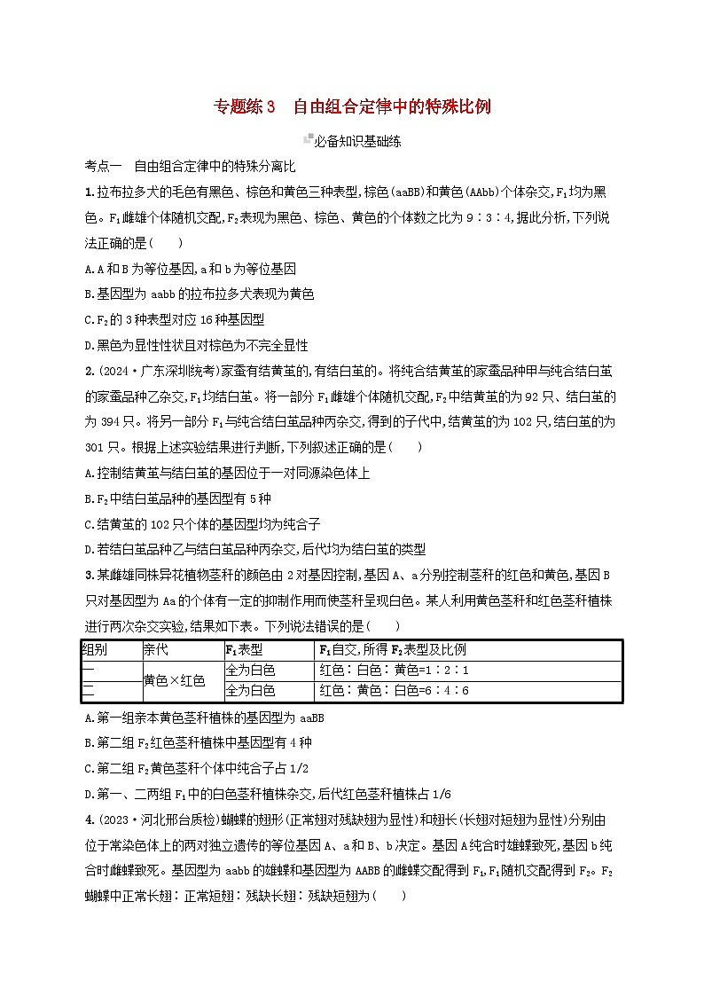 备战2025届高考生物一轮总复习第5单元孟德尔遗传定律与伴性遗传专题练3自由组合定律中的特殊比例01