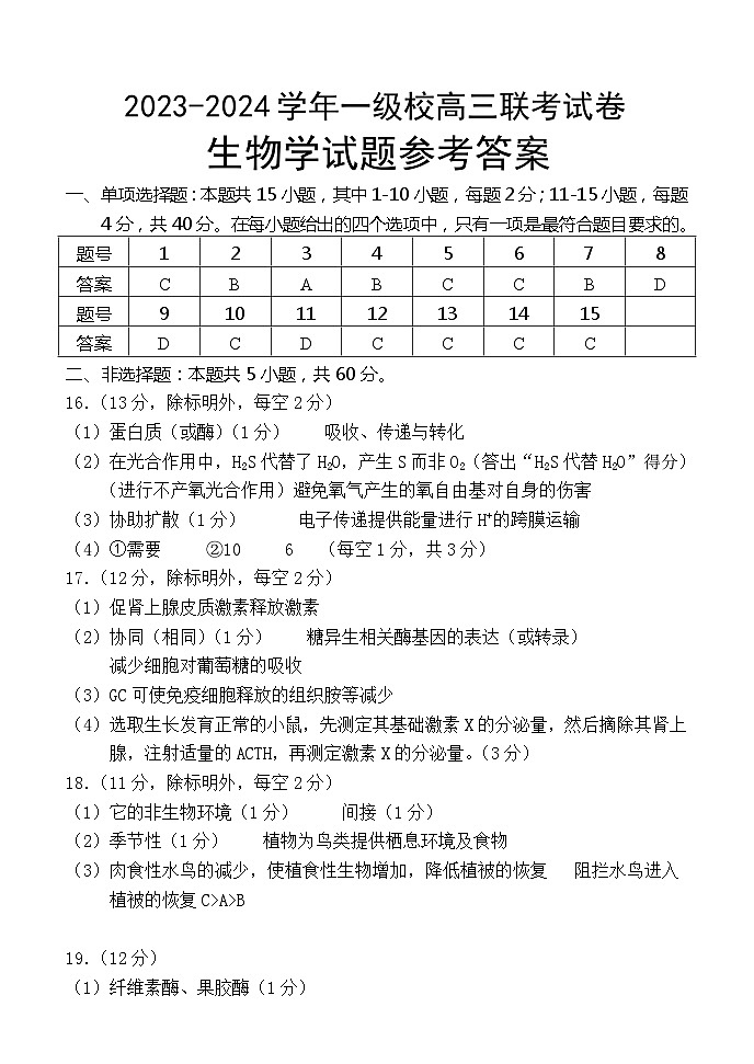 2024届福建省龙岩市高三下学期适应性（一模）考试生物试题01