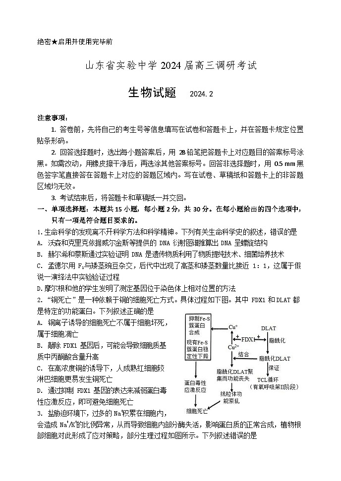 山东省实验中学2024届高三2月调研考试（生物）第1页