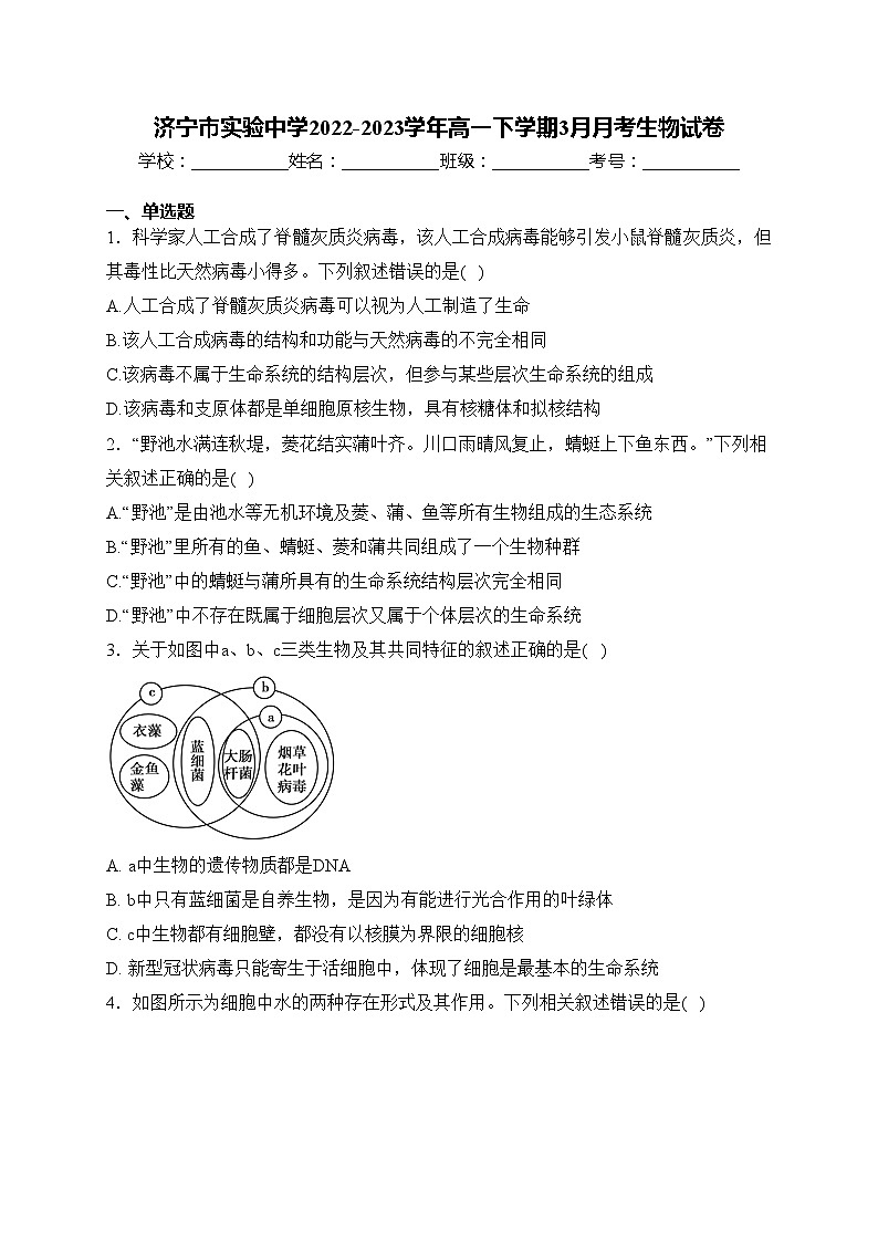 济宁市实验中学2022-2023学年高一下学期3月月考生物试卷(含答案)第1页