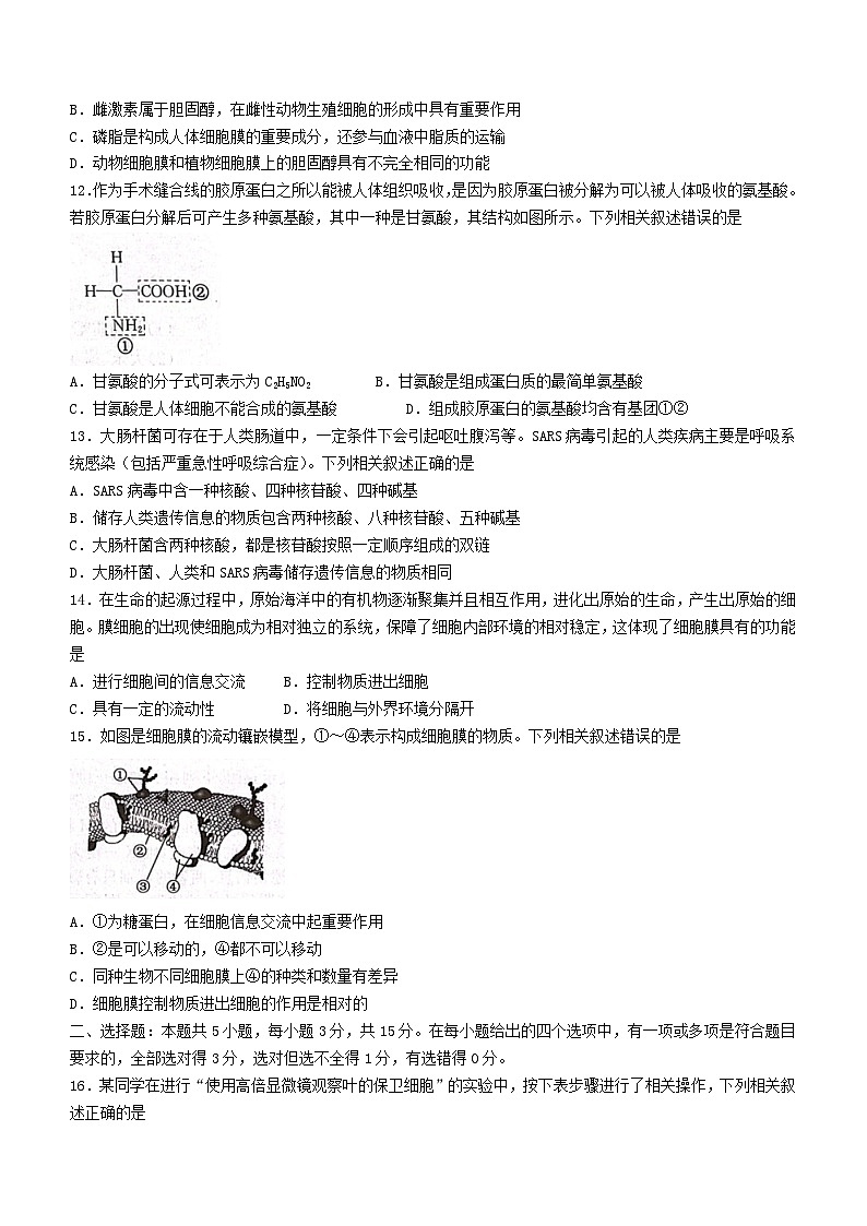 安徽省滁州市九校联盟2023_2024学年高一生物上学期11月期中试题03