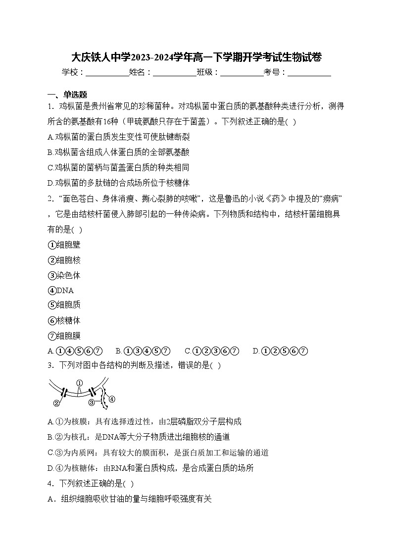 大庆铁人中学2023-2024学年高一下学期开学考试生物试卷(含答案)01