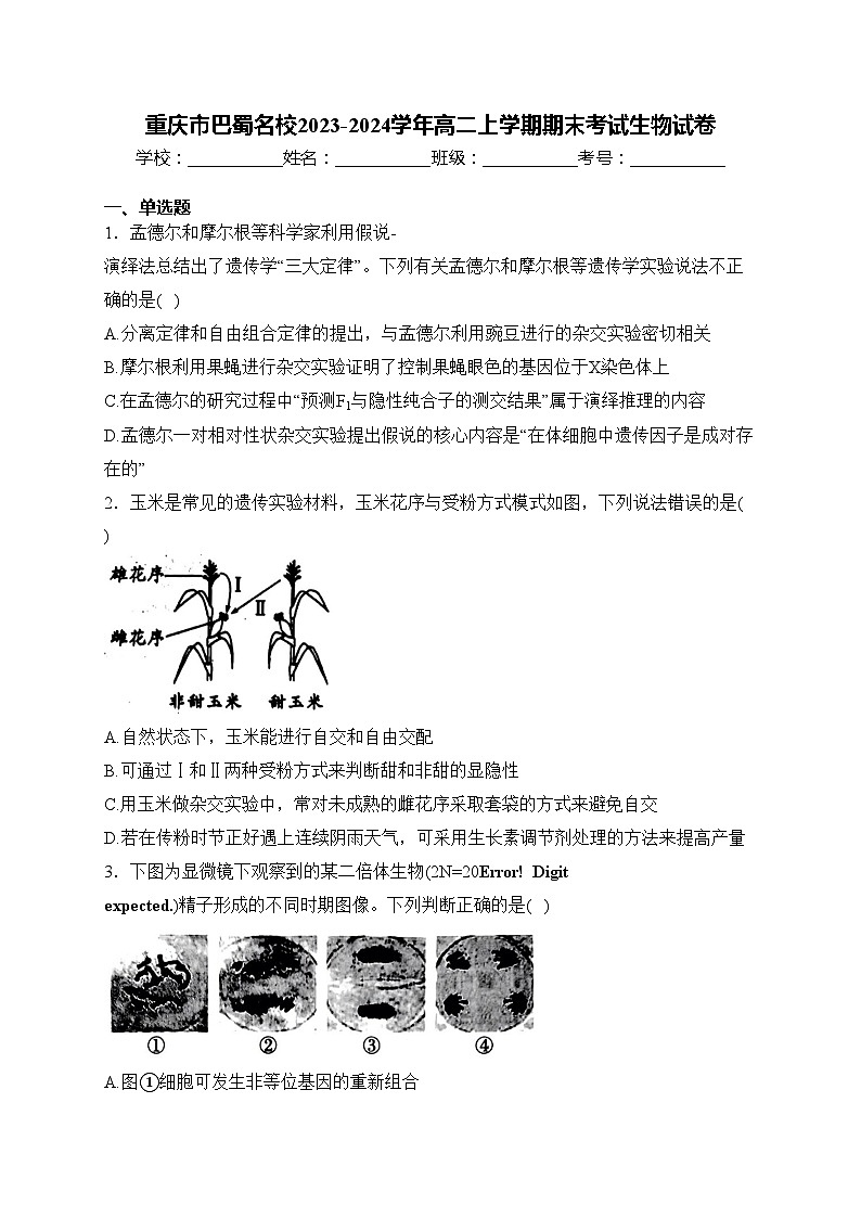 重庆市巴蜀名校2023-2024学年高二上学期期末考试生物试卷(含答案)第1页