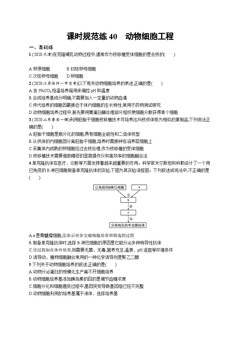 2025届高考生物一轮复习专项练习课时规范练40动物细胞工程（Word版附解析）第1页