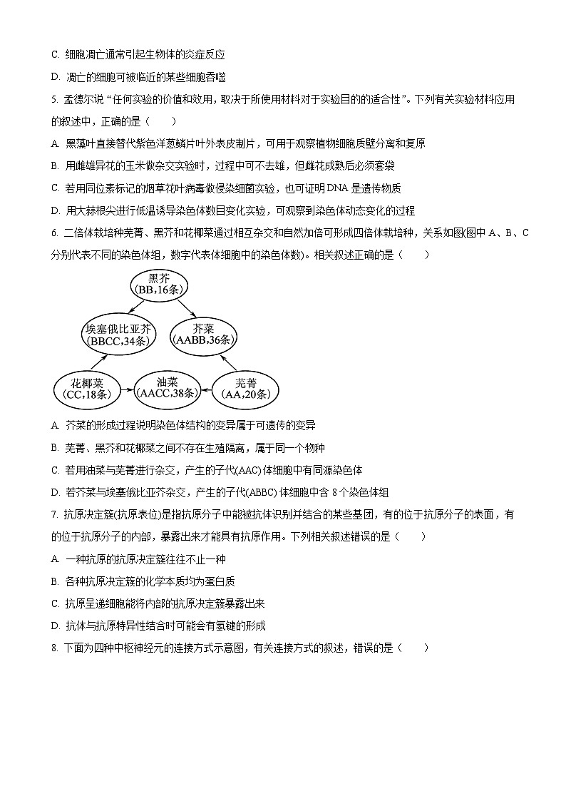 江苏省泰州市2024届高三下学期一模调研考试 生物 Word版含解析02