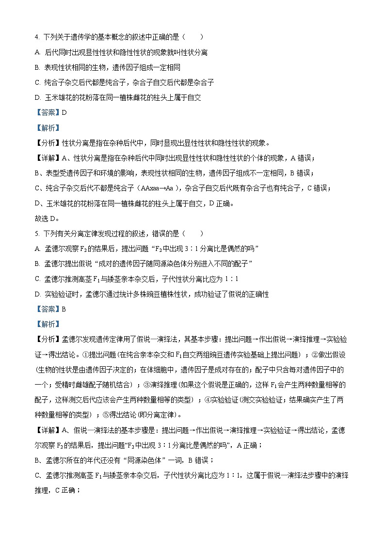 云南省红河哈尼族彝族自治州第一中学2023-2024学年高一下学期3月月考生物试题（原卷版+解析版）03