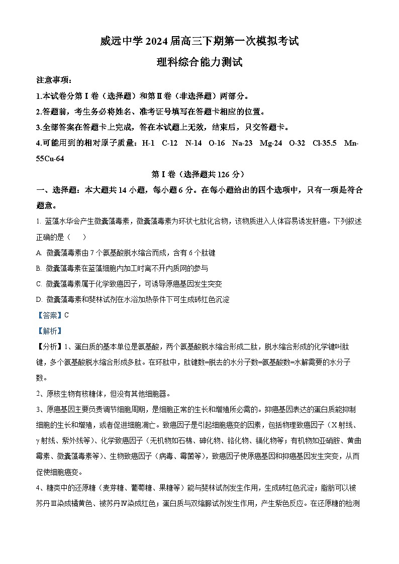 四川省内江市威远中学2024届高三下学期第一次模拟考试理综生物试题 Word版含解析第1页