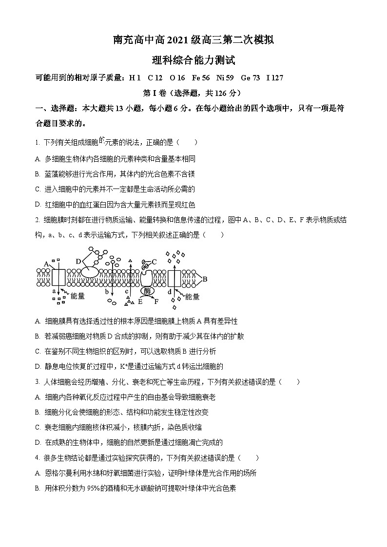 四川省南充高级中学2024届高三下学期二模生物试题（Word版附解析）01