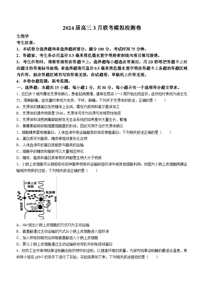 2024届黑龙江省部分学校高三下学期3月联考模拟检测生物试题第1页