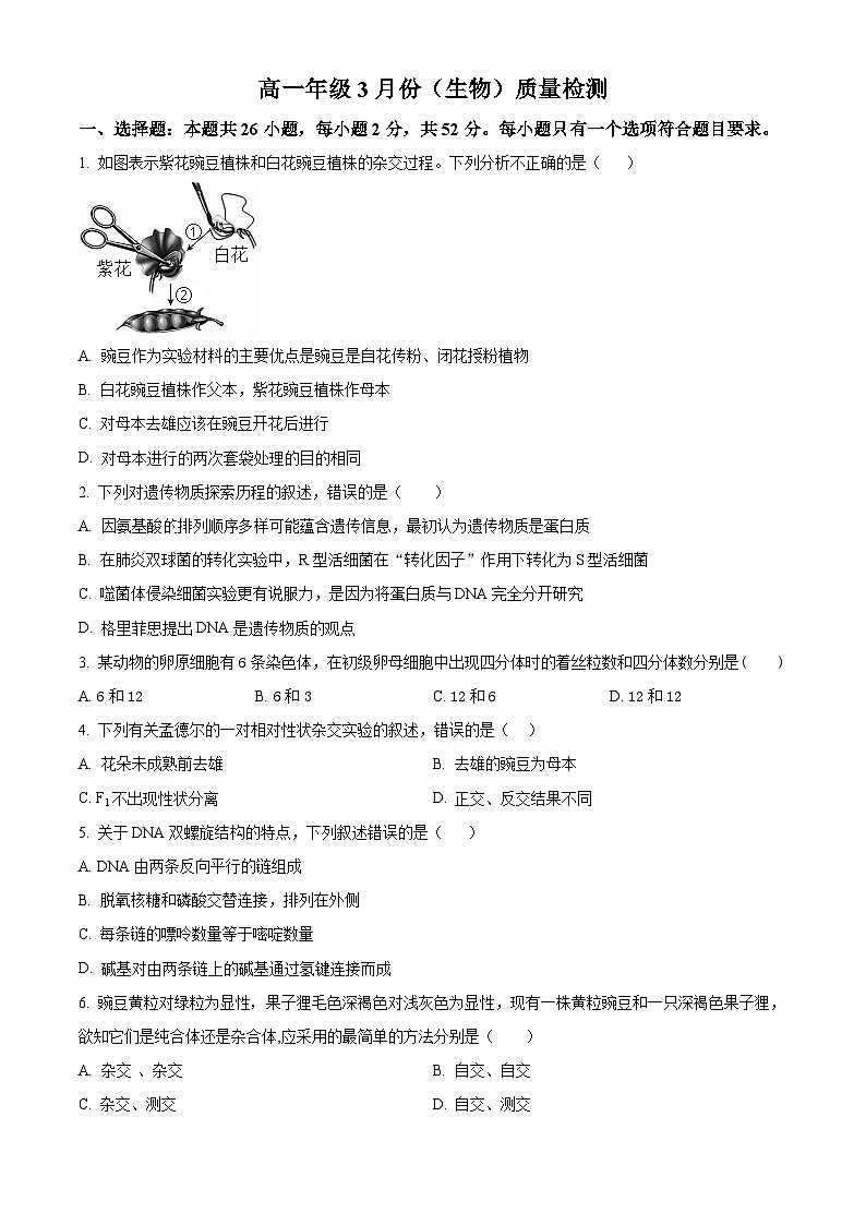 山东省德州市德城区德州市第二中学2023-2024学年高一下学期3月月考生物试题（解析版+原卷版）01