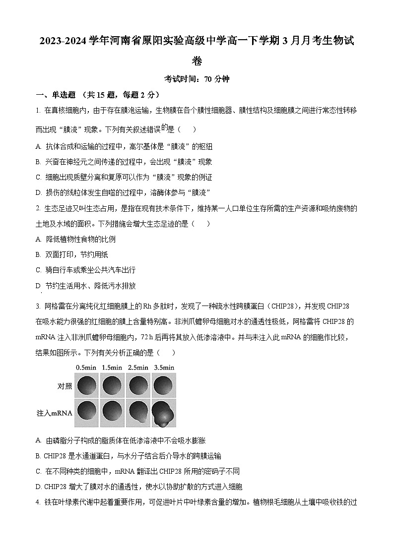 精品解析：河南省新乡市原阳县实验高级中学2023-2024学年高一下学期3月月考生物试题（原卷版）第1页