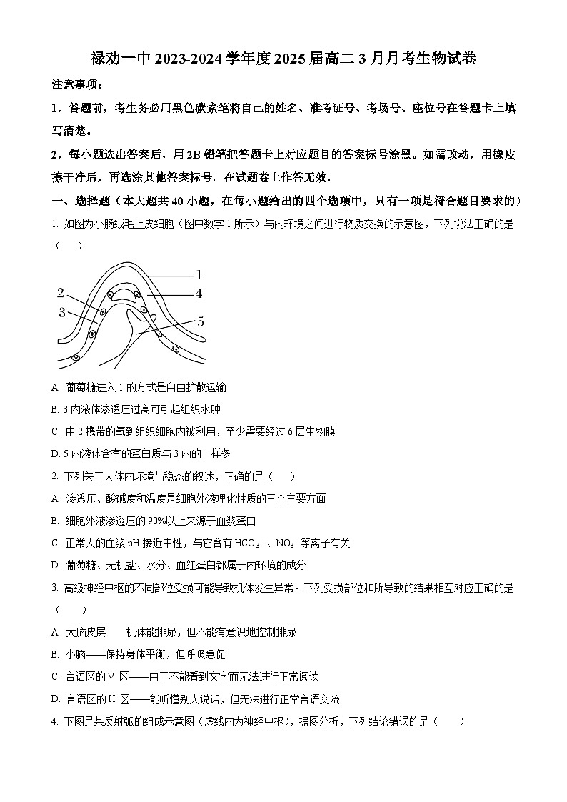 云南省昆明市禄劝彝族苗族自治县第一中学2023-2024学年高二下学期3月月考生物试题（原卷版+解析版）01