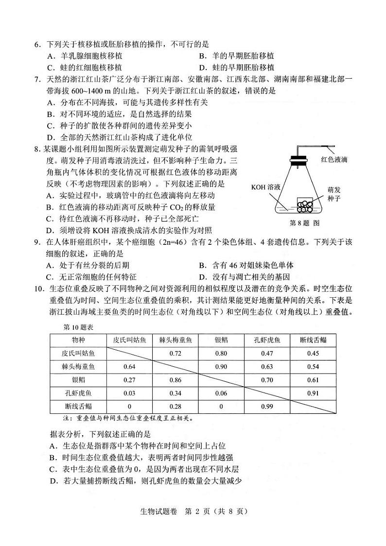 2024届浙江省温州市普通高中高三第二次适应性考试-生物试题及答案02