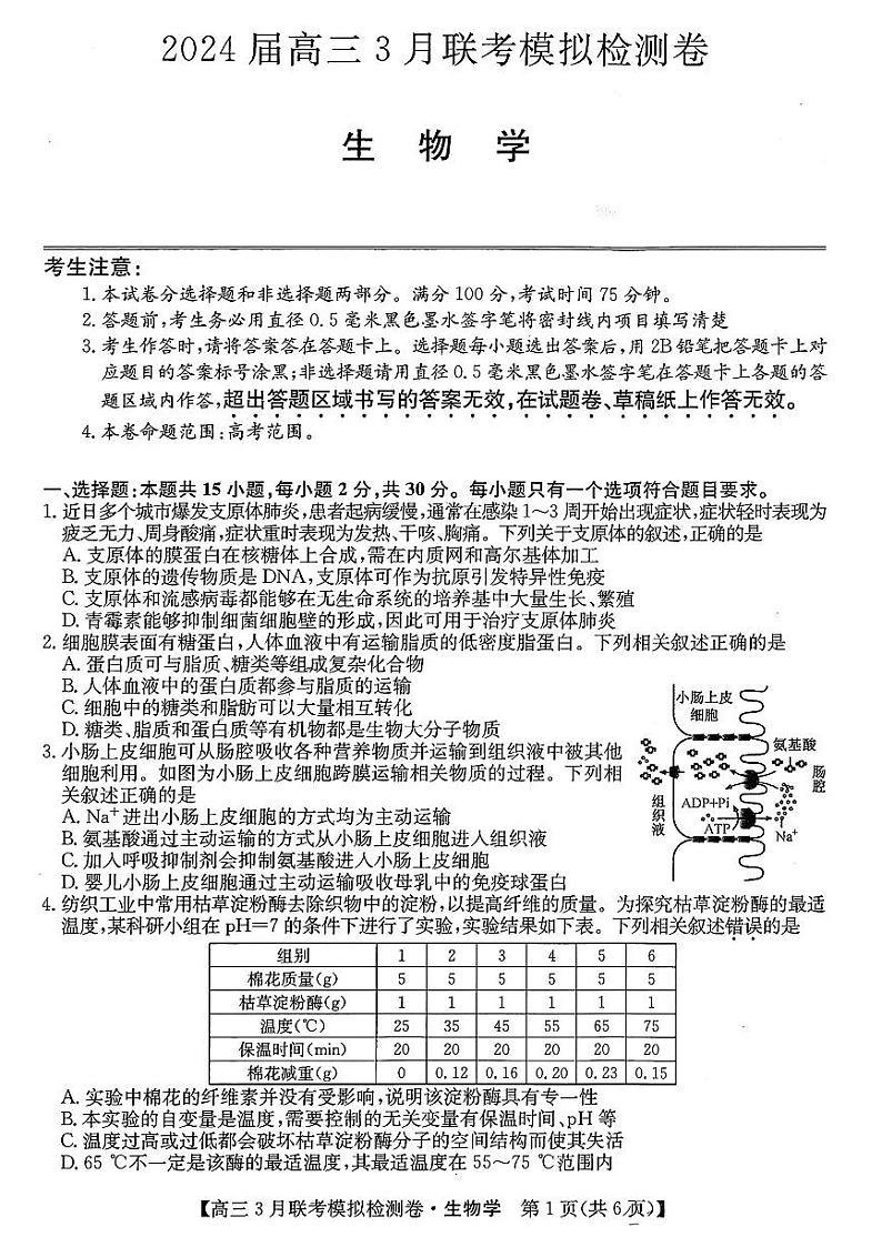 东北三省2024届高三下学期联考模拟检测卷生物试题及答案第1页