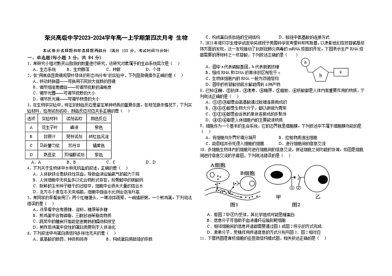 高一生物月考试卷（12月）第1页