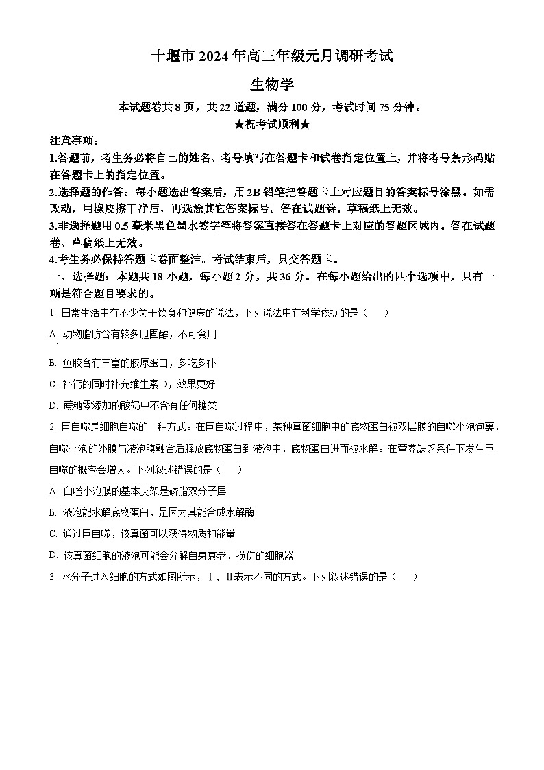 湖北省十堰市2023-2024学年高三1月调研考试生物试题（原卷版）第1页