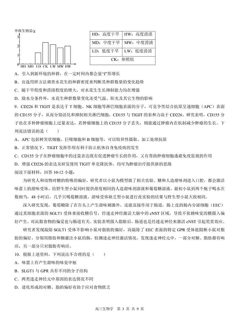 天津市红桥区2023-2024学年高三下学期第一次模拟考试生物试题第3页