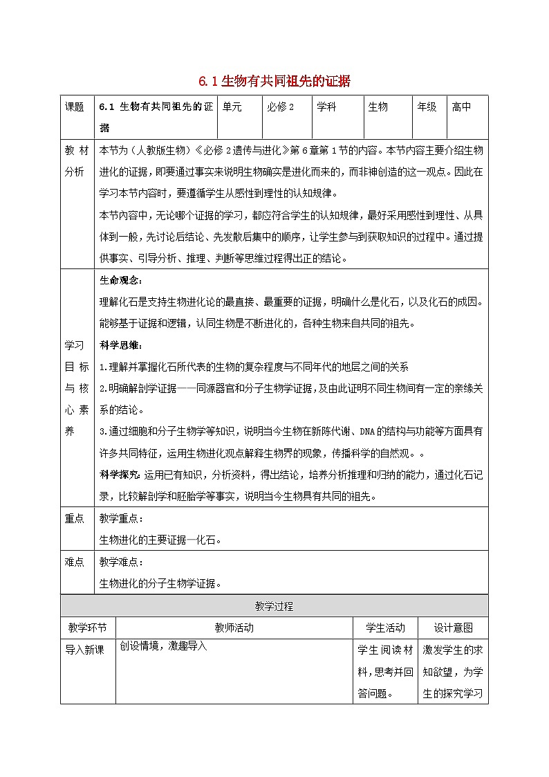 新教材同步备课2024春高中生物第6章生物的进化6.1生物有共同祖先的证据教案新人教版必修2第1页