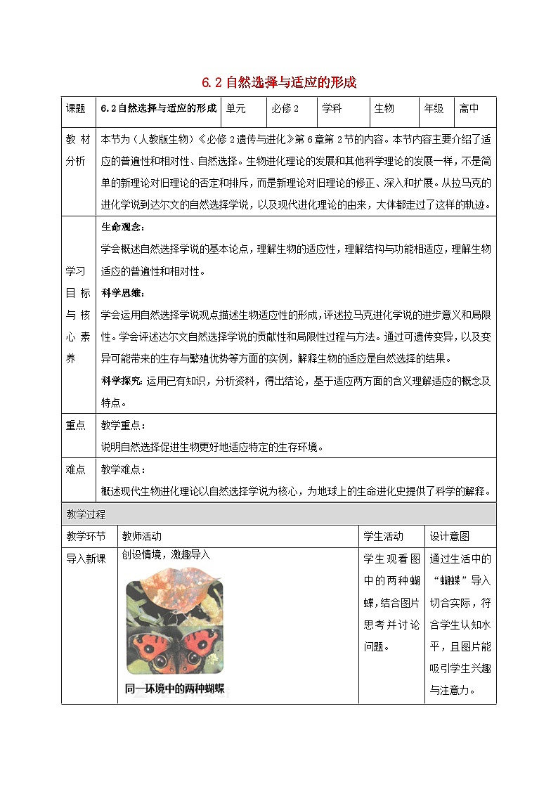 新教材同步备课2024春高中生物第6章生物的进化6.2自然选择与适应的形成教案新人教版必修201