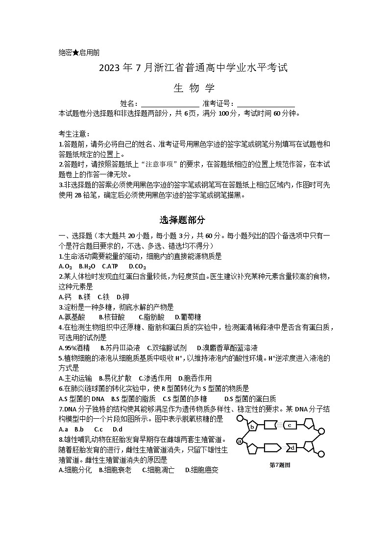 2023年7月浙江省普通高中学业水平考试（学考）生物试题（Word版附答案）01