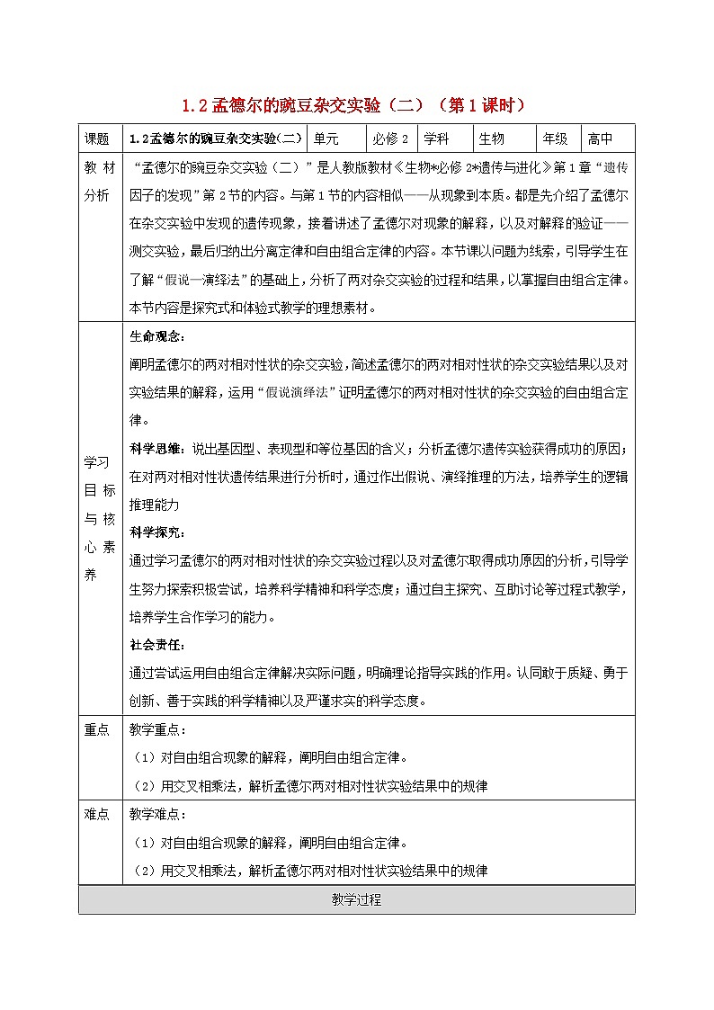 新教材同步备课2024春高中生物第1章遗传因子的发现1.2孟德尔的豌豆杂交实验二第1课时教案新人教版必修201