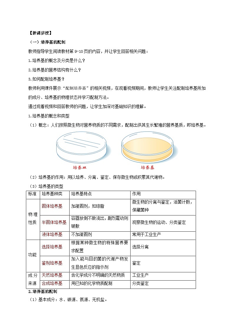 新教材同步备课2024春高中生物第1章发酵工程第2节微生物的培养技术及应用1.2.1微生物的基本培养技术教案新人教版选择性必修302